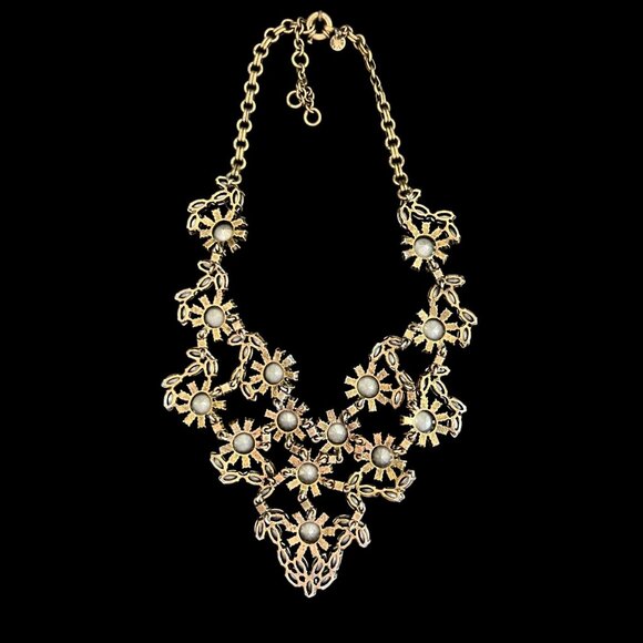 J Crew Czech Glass Crystal Floral Bib Statement Necklace Gold Plated Wedding WOW - Picture 3 of 16